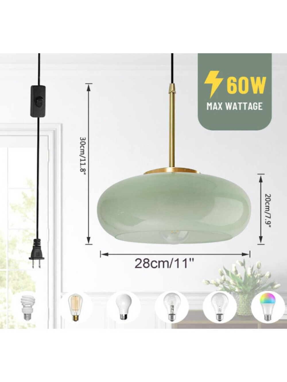 Qufute Milk Green Glass Pendant Light Plug In 14.7ft Cord Mid Century Modern